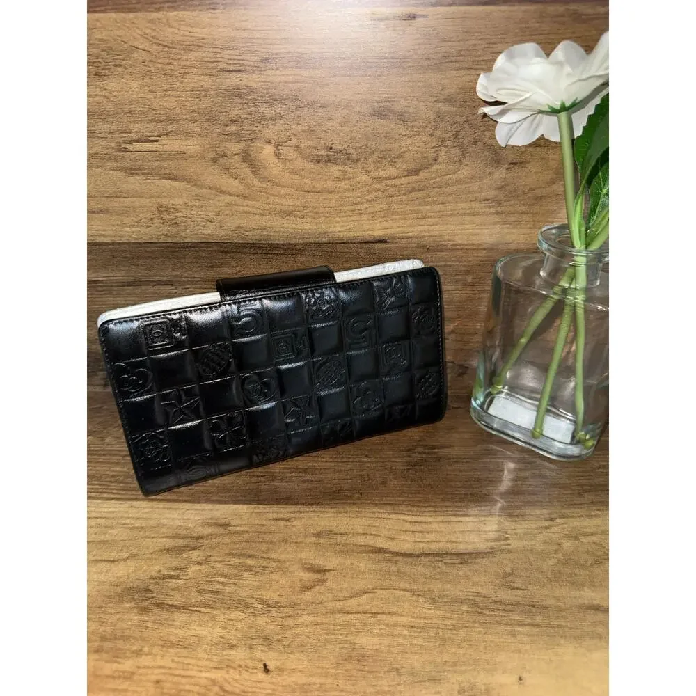 Chanel Icon Symbols Bifold Wallet Black Embossed Metallic Silver Kiss Lock